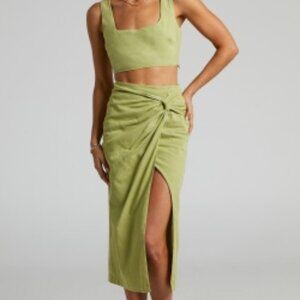 Gibson Two Piece Top and Skirt Set - Linen Crop Top and Knot Front Midi Skirt